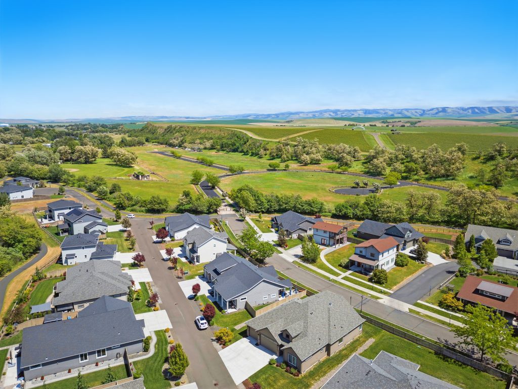 Aerial view of a residential neighborhood in Walla Walla's South Hill area