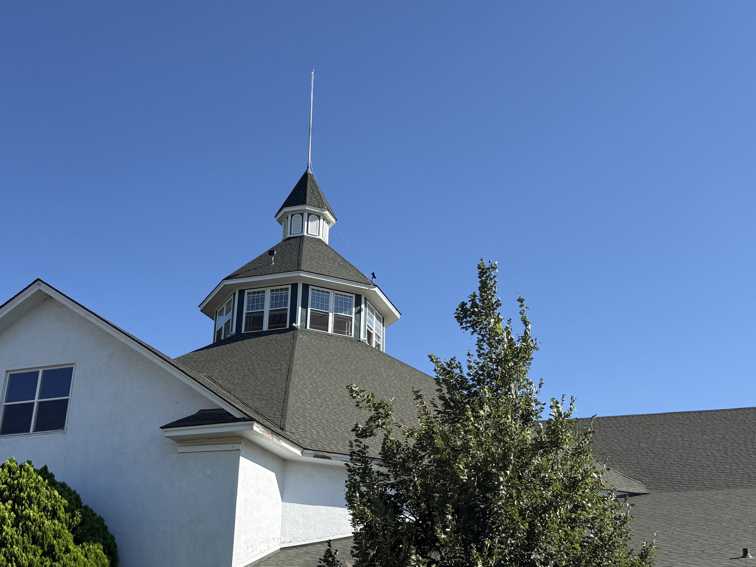 A historic building with a distinctive octagonal turret roof near the Walla Walla Fairgrounds.